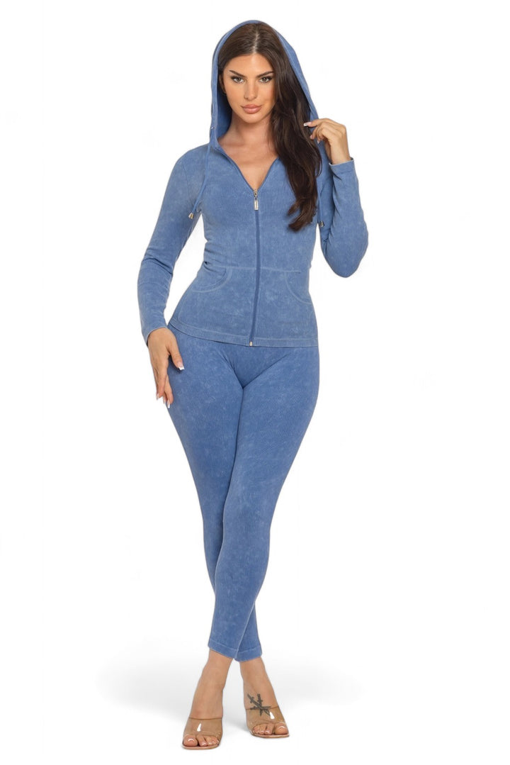 Washed Seamless Rib Zip Up Hoodie Jacket and Leggings Set