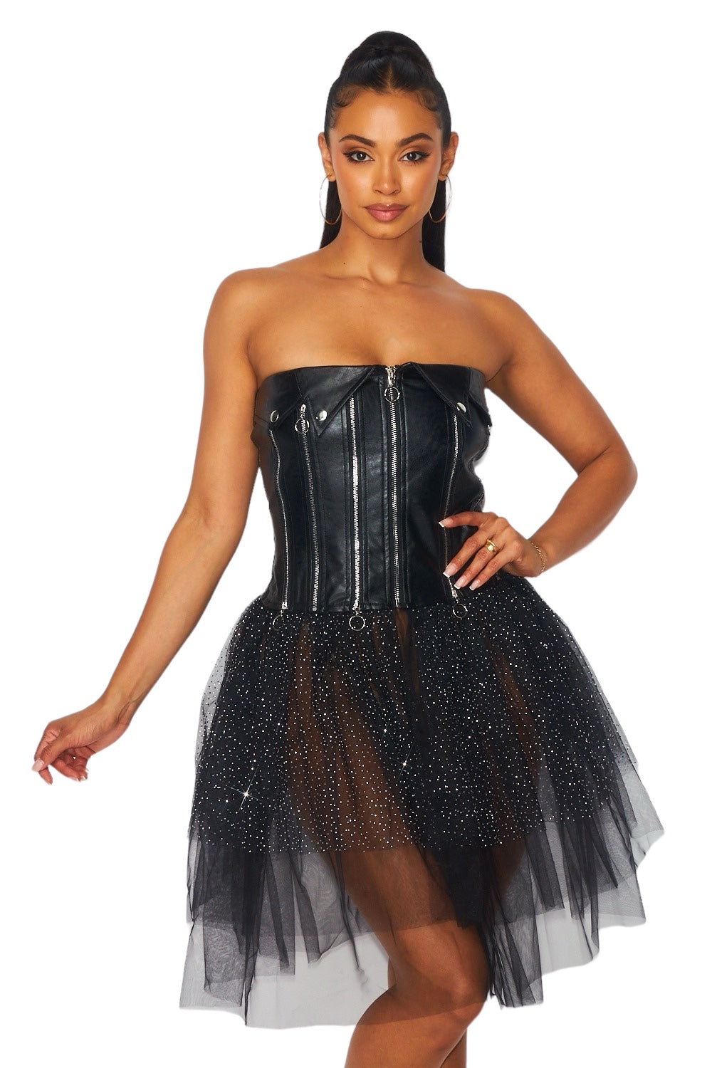 a woman wearing a black corset and skirt