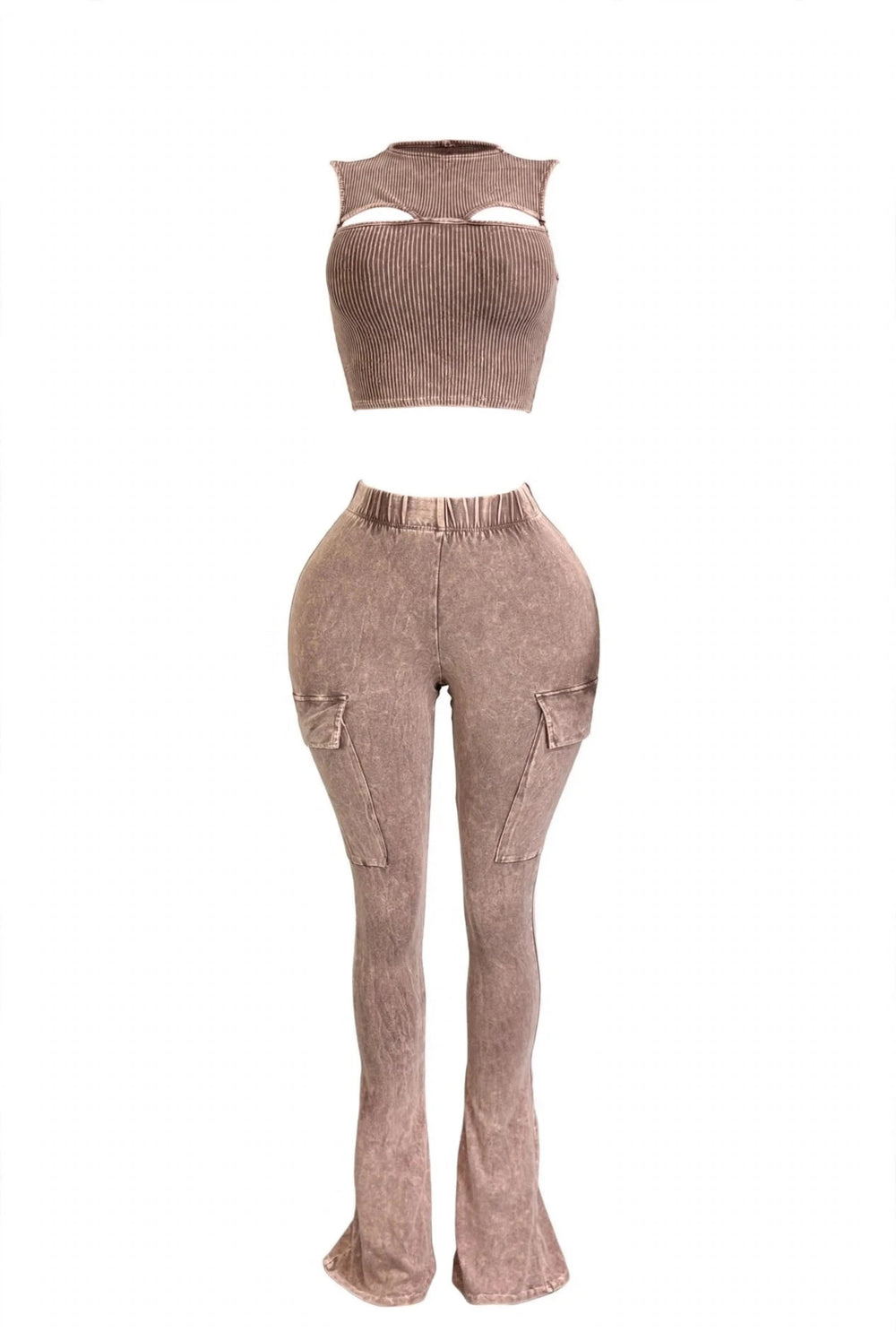 A two-piece matching set featuring a ribbed knit crop top with a cutout neckline and matching high-waisted flared pants with side cargo pockets, both in a washed taupe-brown color, shown against a plain white background.