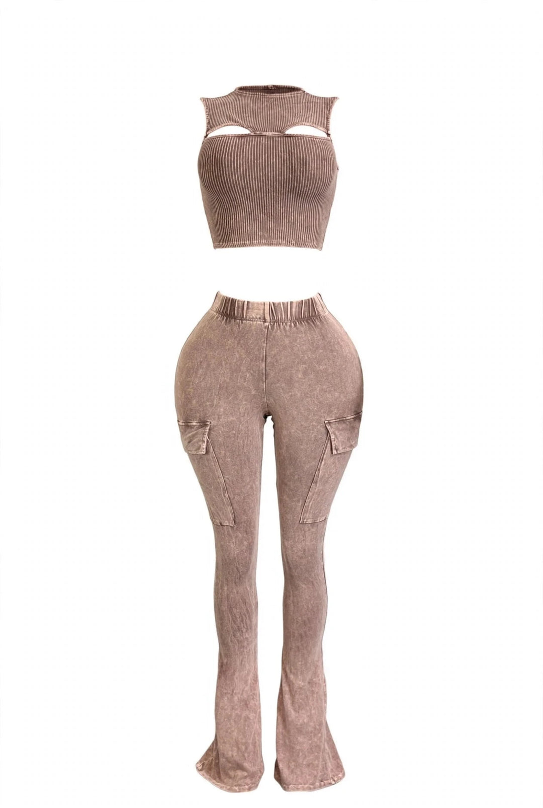 A two-piece matching set featuring a ribbed knit crop top with a cutout neckline and matching high-waisted flared pants with side cargo pockets, both in a washed taupe-brown color, shown against a plain white background.