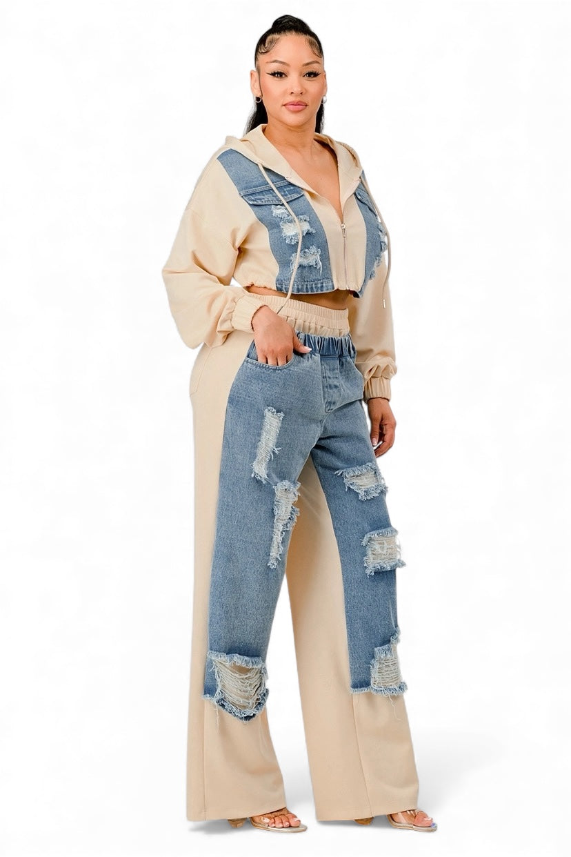 Denim Patchwork Hoodie & Wide-Leg Pant Set