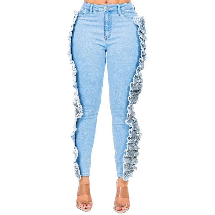 High Waist Sequin Fringed Patch Skinny Jeans