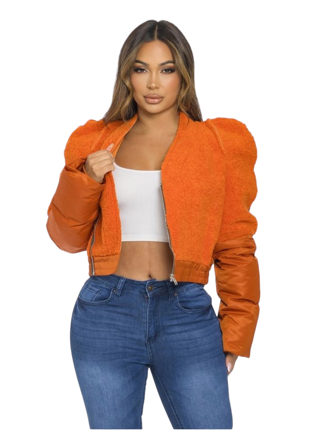 Orange Faux Sheepskin Puffer Jacket