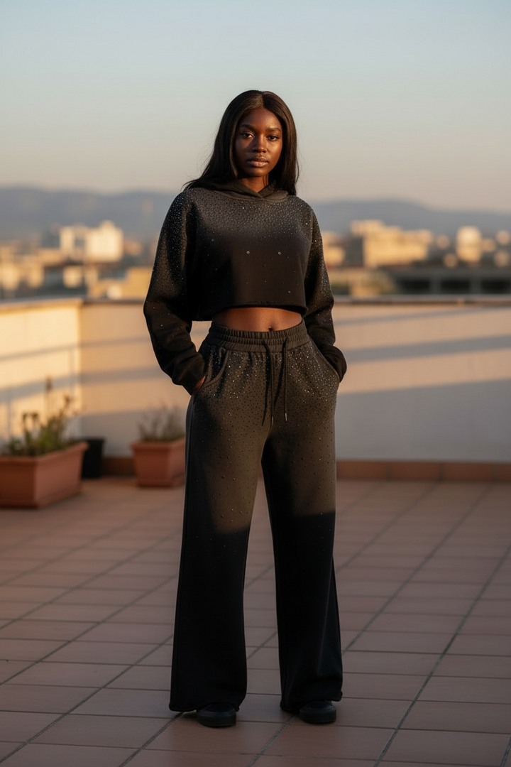 Rhinestone Ombre Cropped Hoodie Set