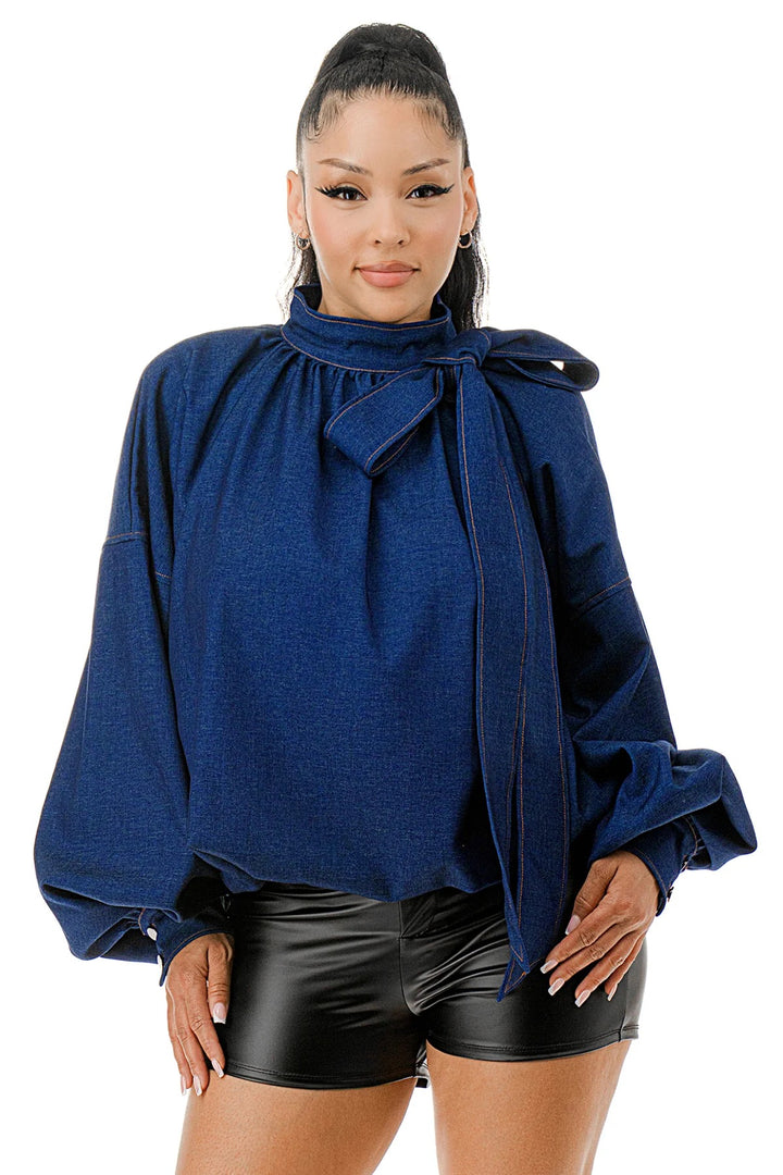 Mock Neck with Tie Puff Long Sleeve Bubble Hem Denim Blouse Top