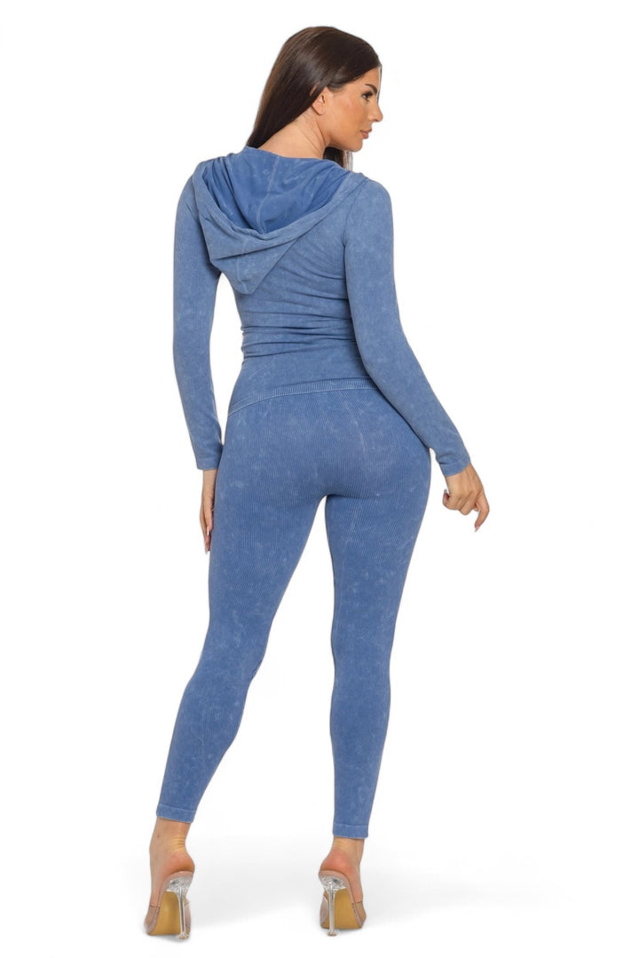 Washed Seamless Rib Zip Up Hoodie Jacket and Leggings Set