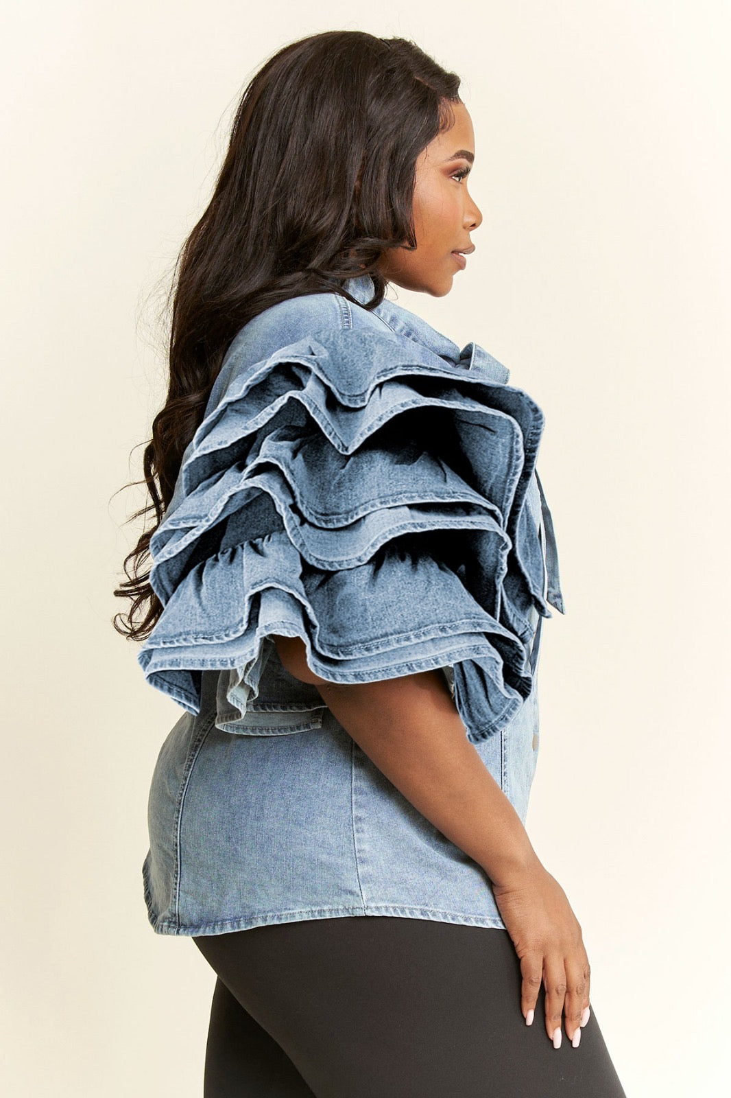 Denim Bow Blouse with Fringe Sleeves