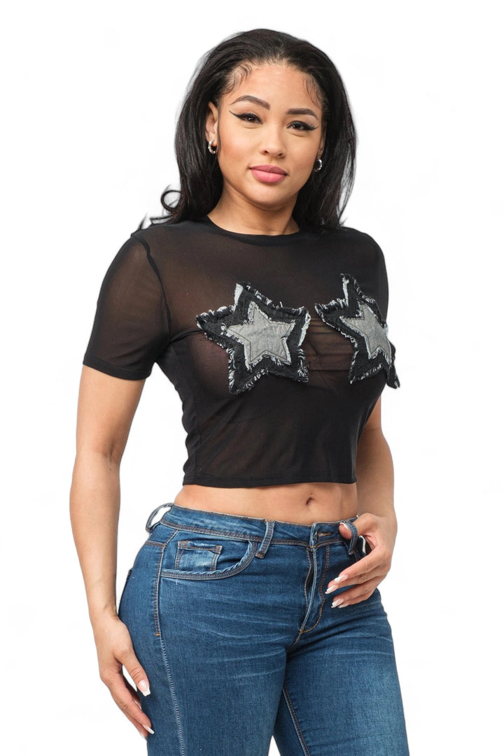 Mesh Front Two Denim Distressed Stars Patched Top