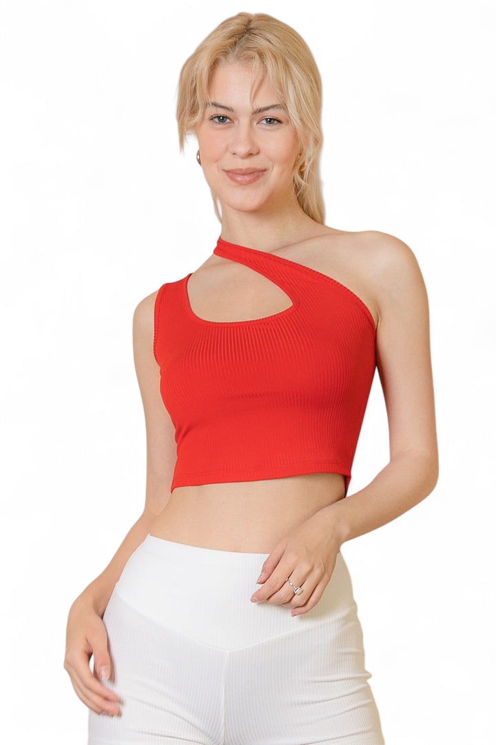 Ribbed One Shoulder Cross Strap Crop Top