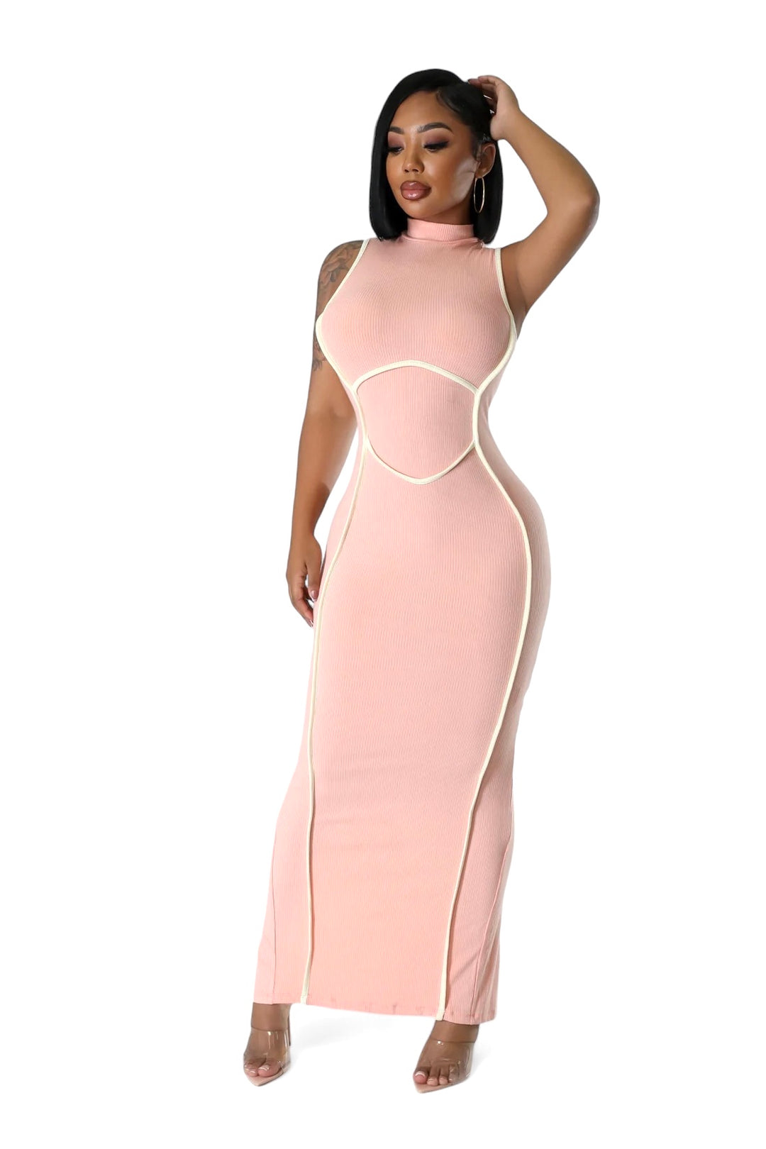 Peach Mock Neck Ribbed Maxi Dress | The House of Stylez Peach / Medium Peach Mock Neck Ribbed Maxi Dress | The House of Stylez Peach / Medium