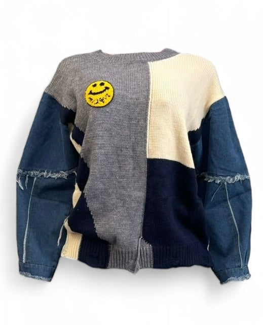 Smiley Patch Color Block  Denim Sleeve Sweater Top