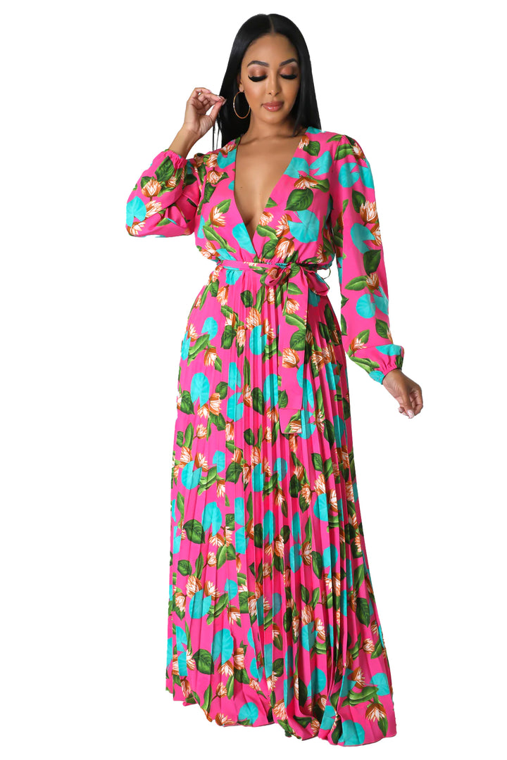 Pink Floral Pleated Maxi Dress