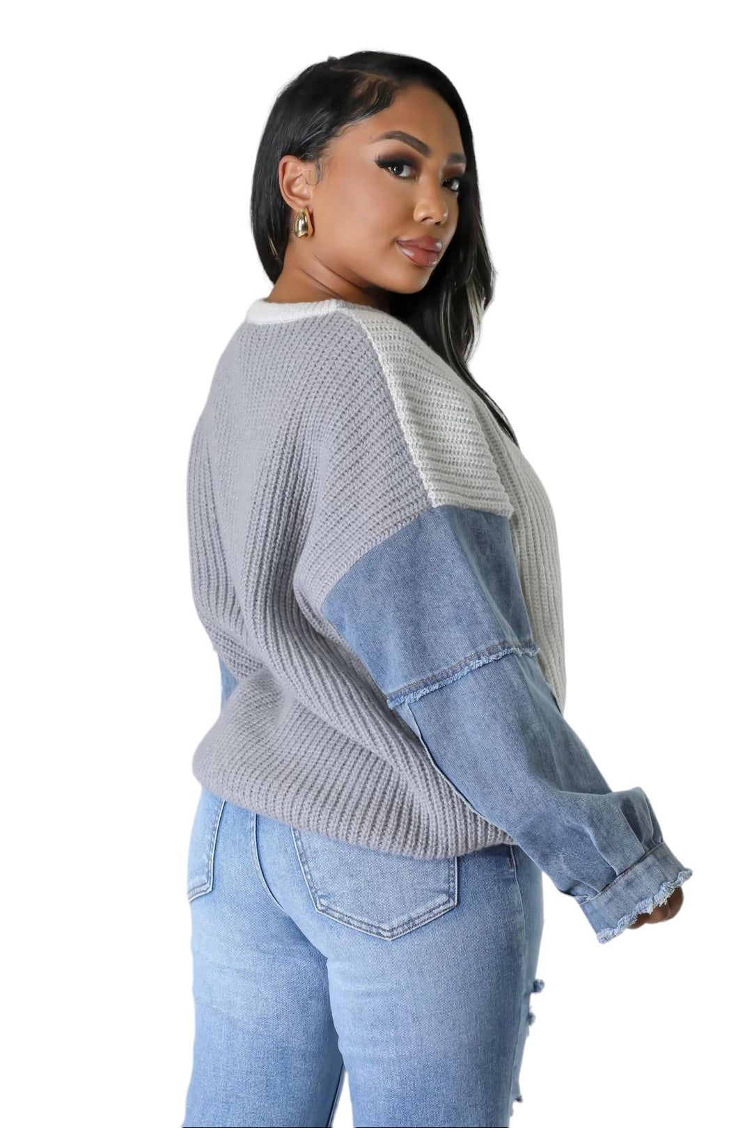 Ivory / Gray Denim Sleeve Sweater Top