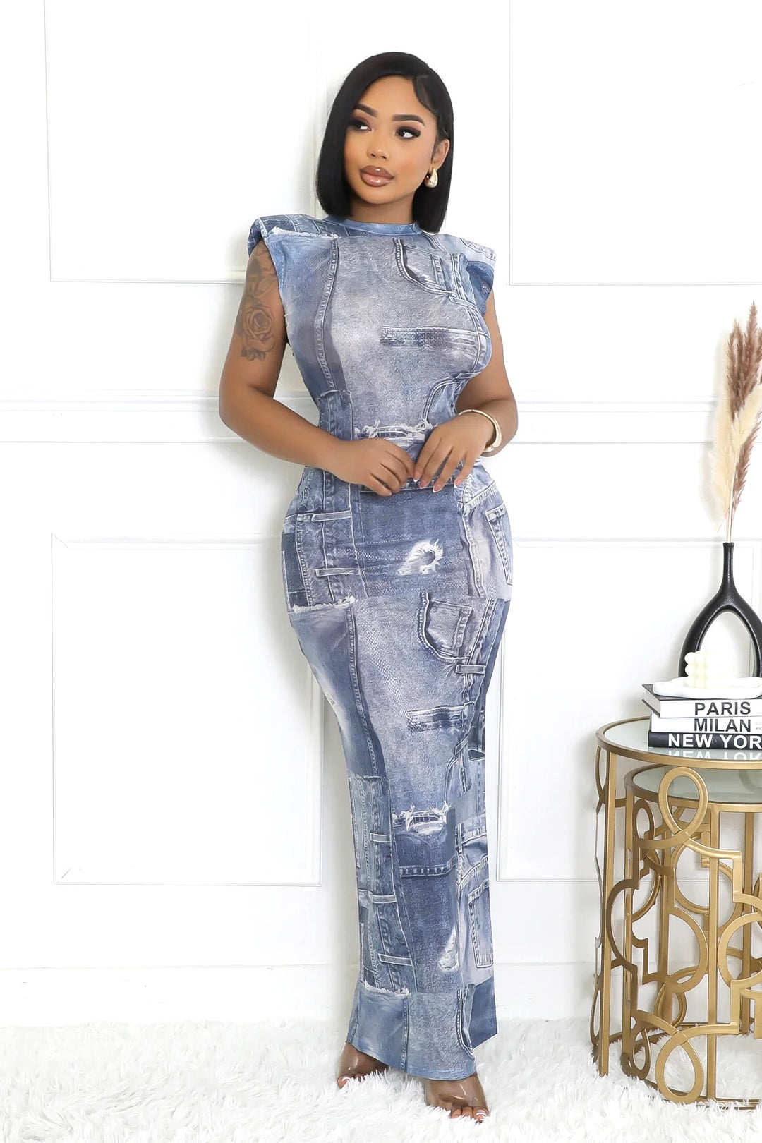 Djoune Sleeveless Shoulder Pad See-Through Zipper Closure Stretch Maxi Dress Blue / Small Djoune Sleeveless Shoulder Pad See-Through Zipper Closure Stretch Maxi Dress Blue / Small