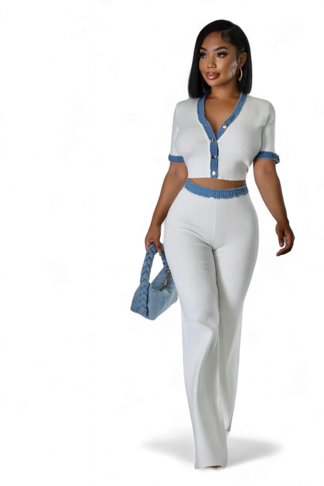 Matching Set: Two Piece Knit Pants Set with Denim Trim – The House