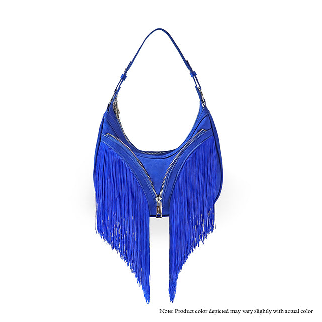 a blue purse with fringes on the bottom of it