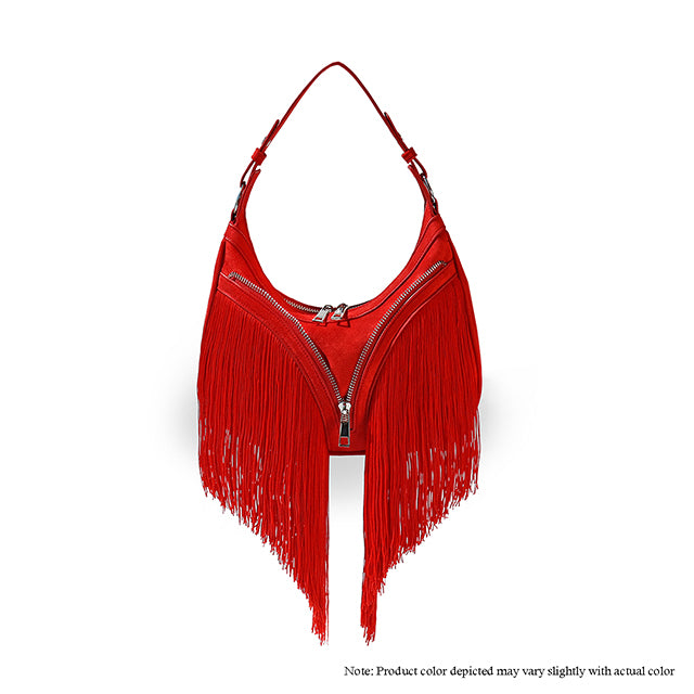 a red handbag with fringes and a zipper