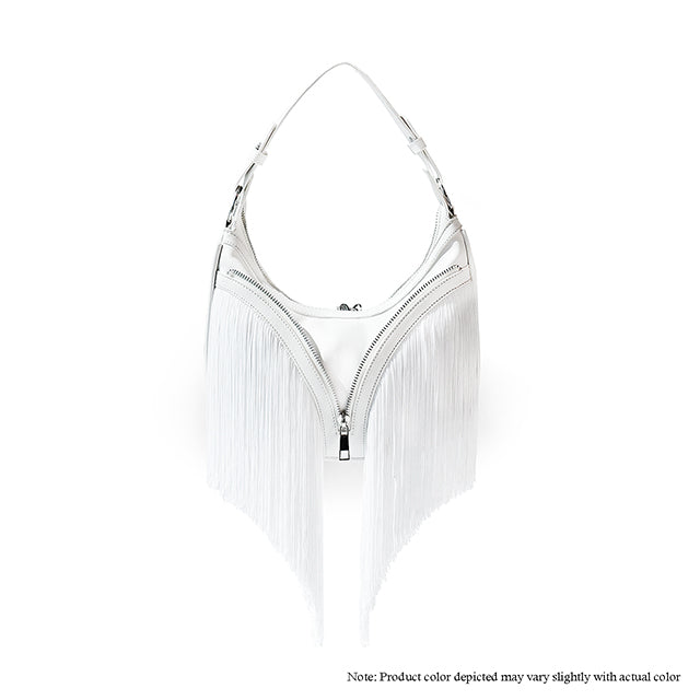 a white purse with a tassel hanging from it
