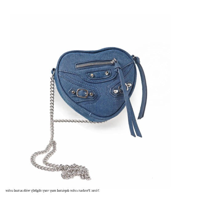 a blue purse with a chain attached to it