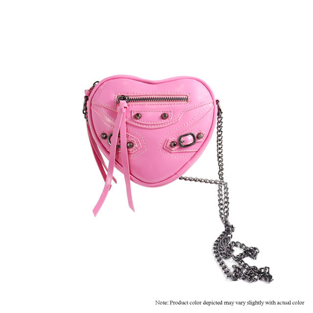 a pink heart shaped purse with a chain attached to it