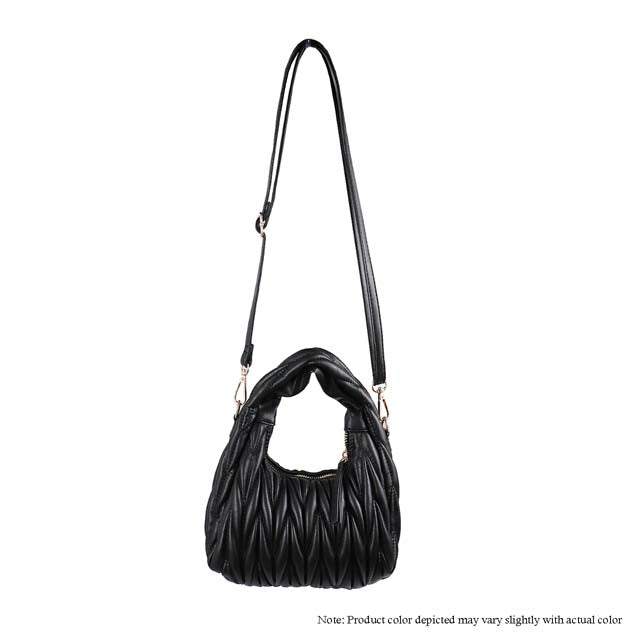 a black handbag with a long strap