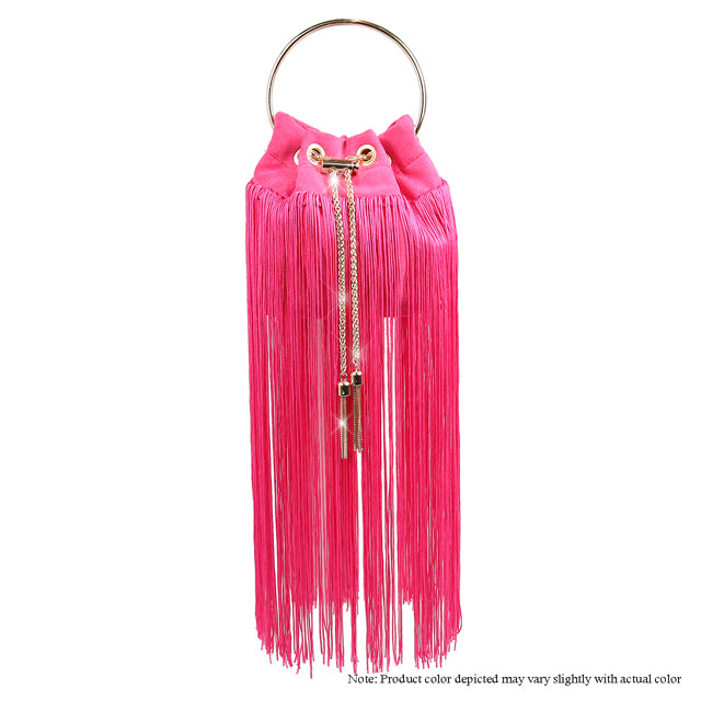 a pink purse with a metal ring handle