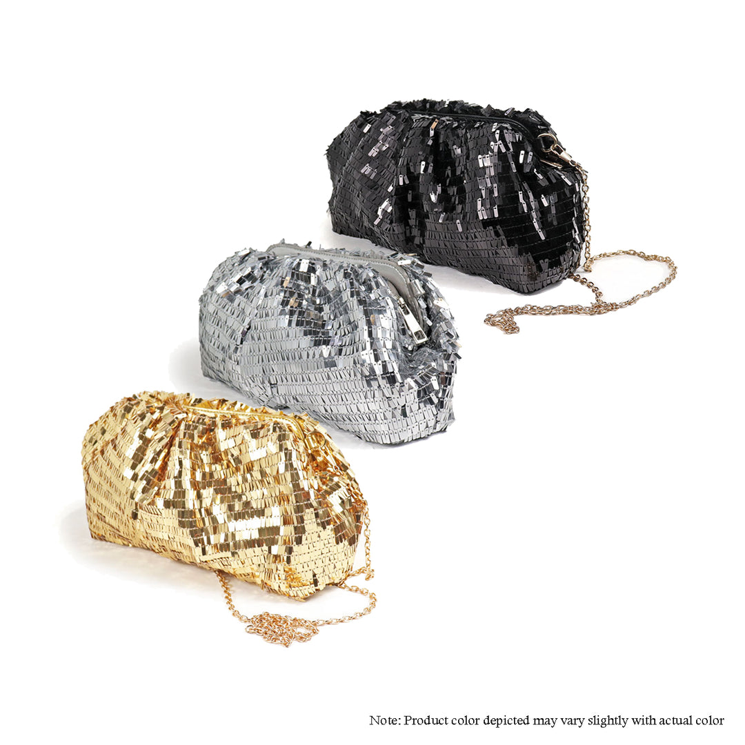 three bags with sequins on them on a white background