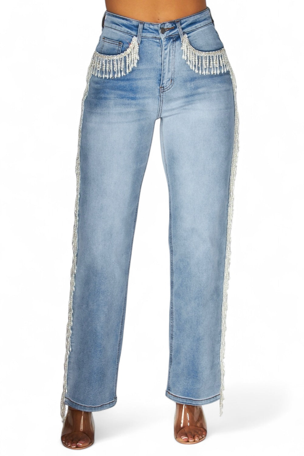 Kenia Pearl Fringe High Rise Denim Jeans