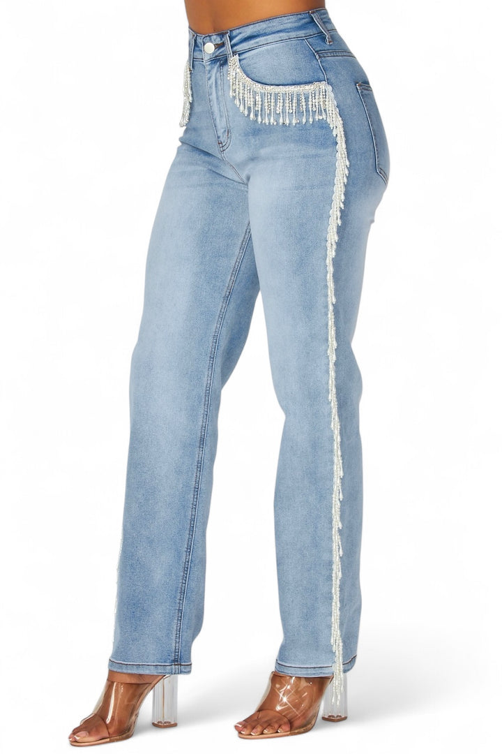 Kenia Pearl Fringe High Rise Denim Jeans