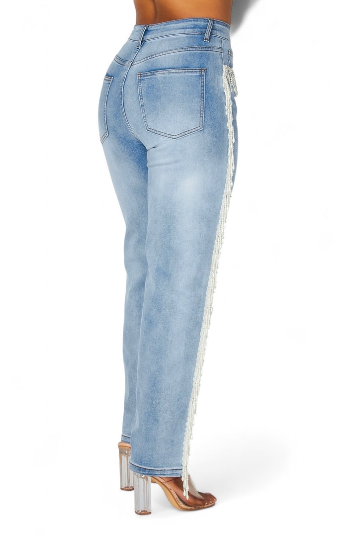 Kenia Pearl Fringe High Rise Denim Jeans