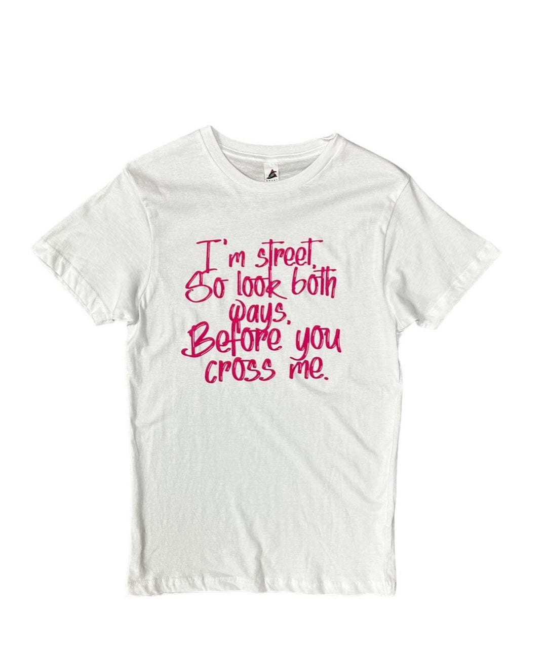 a white t - shirt with pink writing on it