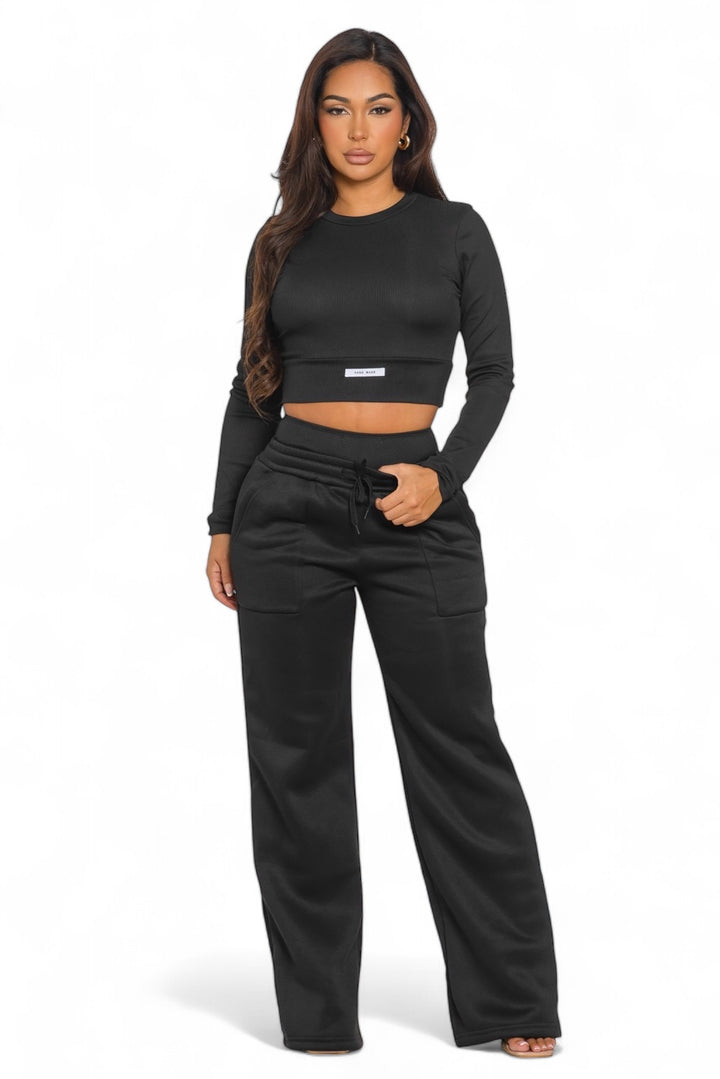 Ribbed HAND MADE Cropped Top and Wide Leg Sweatpants Set