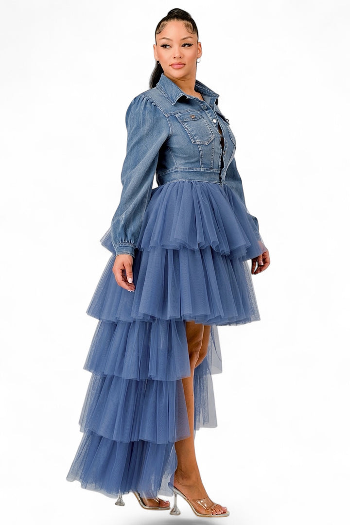 Denim Tulle Layered High-Low Dress