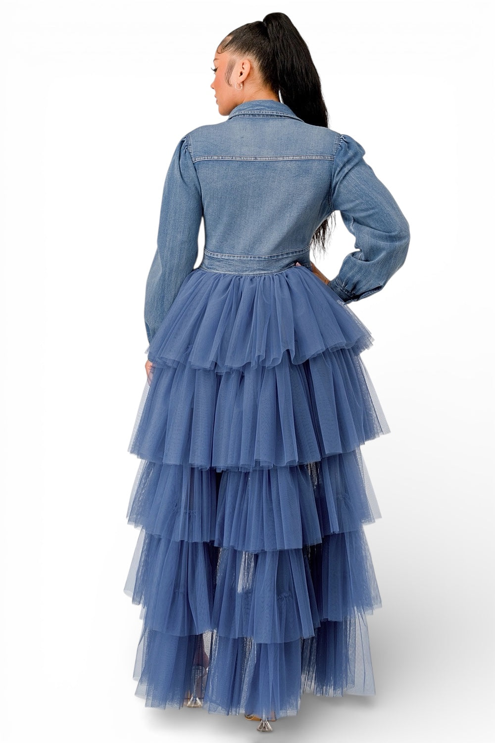 Denim Tulle Layered High-Low Dress