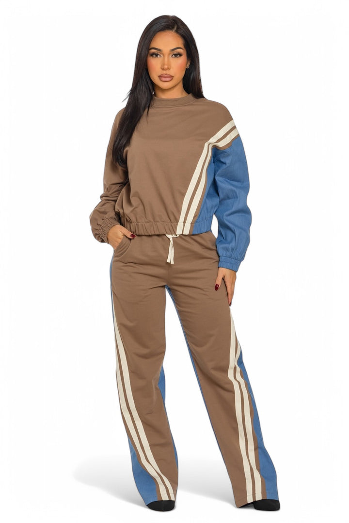 Two Piece Two Tone Long Sleeve Pants Set