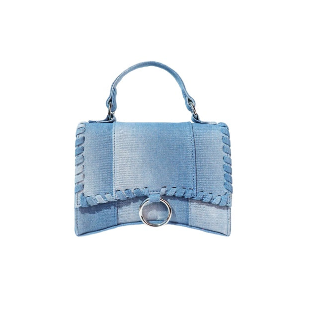 a blue handbag with a ring on it