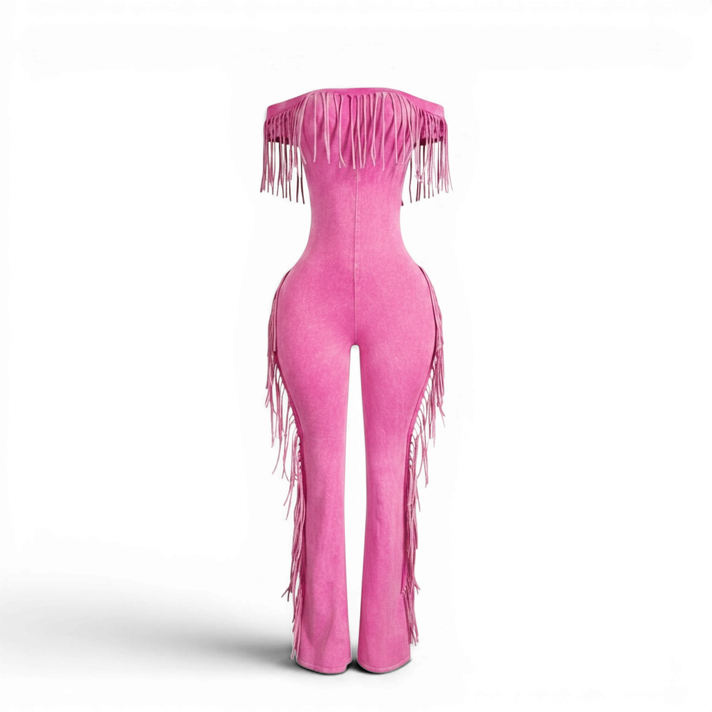 Mineral Wash Fringe Off the Shoulder Jumpsuit