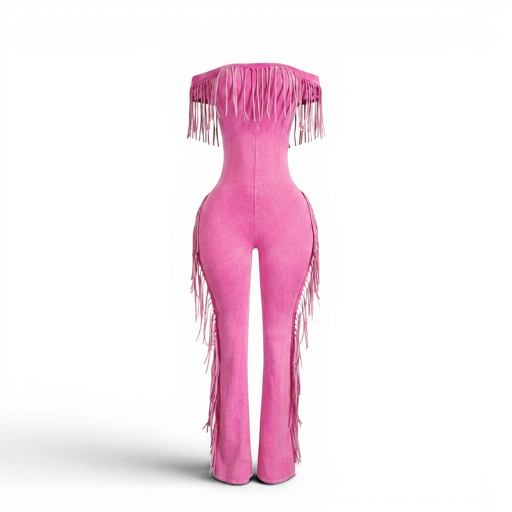 Mineral Wash Fringe Off the Shoulder Jumpsuit