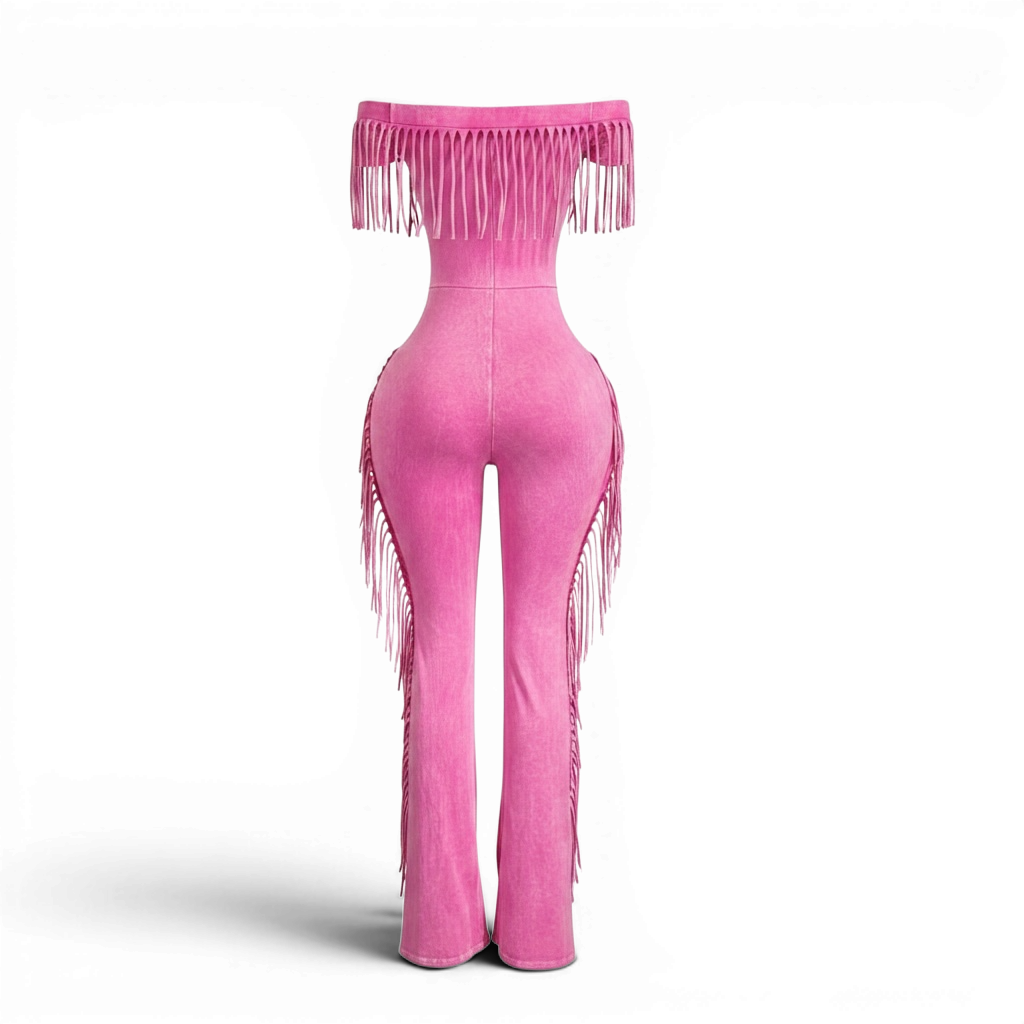 Mineral Wash Fringe Off the Shoulder Jumpsuit
