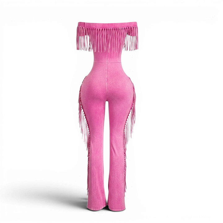Mineral Wash Fringe Off the Shoulder Jumpsuit