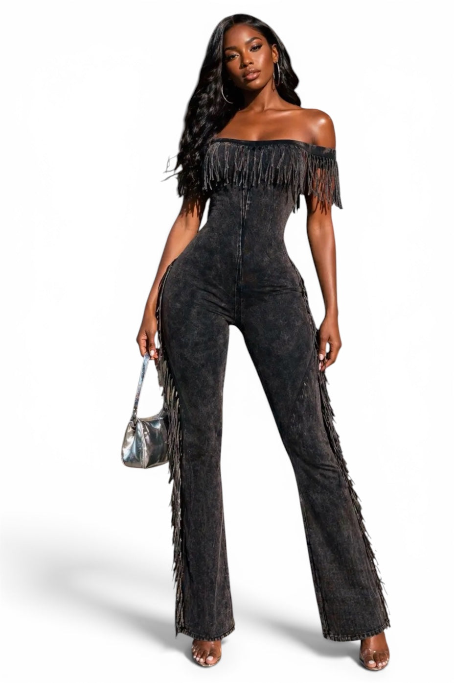 Mineral Wash Fringe Off the Shoulder Jumpsuit