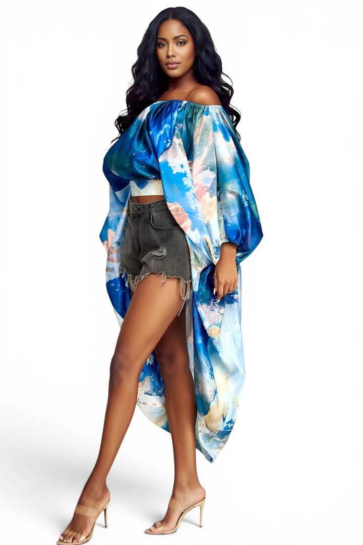 High Low Puff Sleeve Off the Shoulder Satin Top