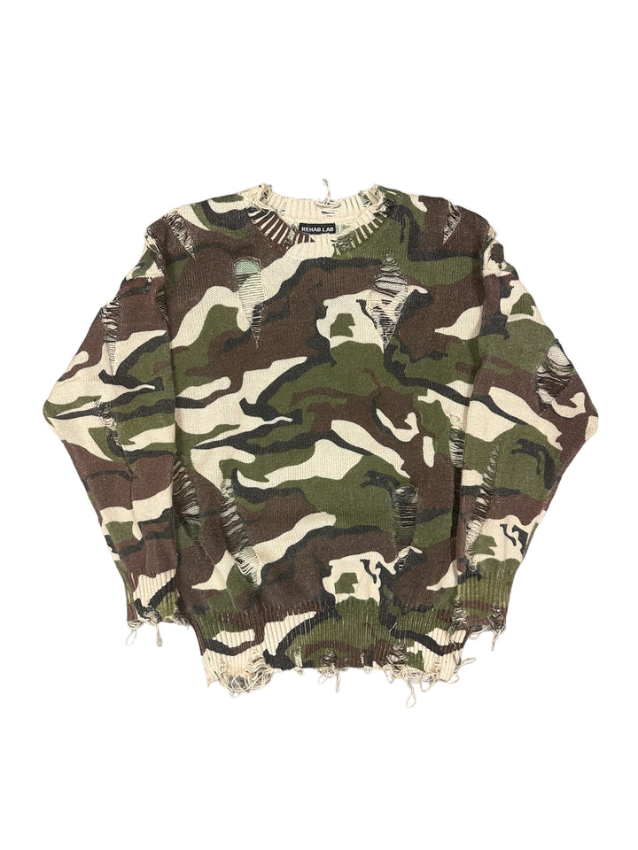 Distressed Camouflage Pattern Knit Sweater