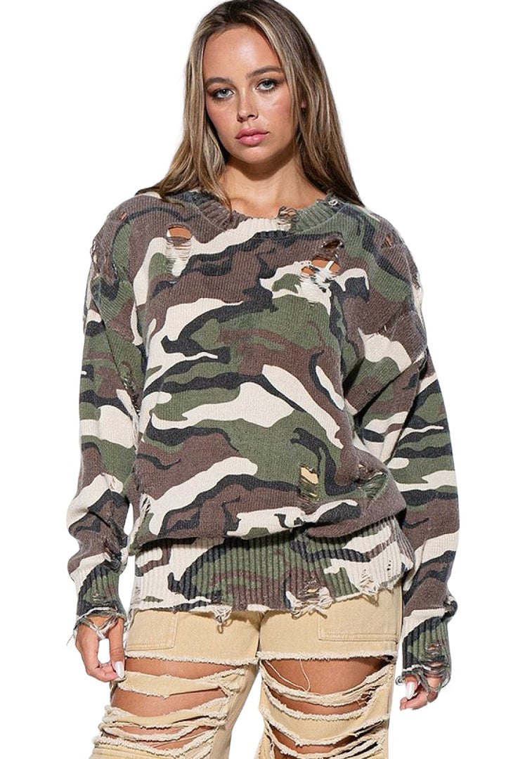 Distressed Camouflage Pattern Knit Sweater