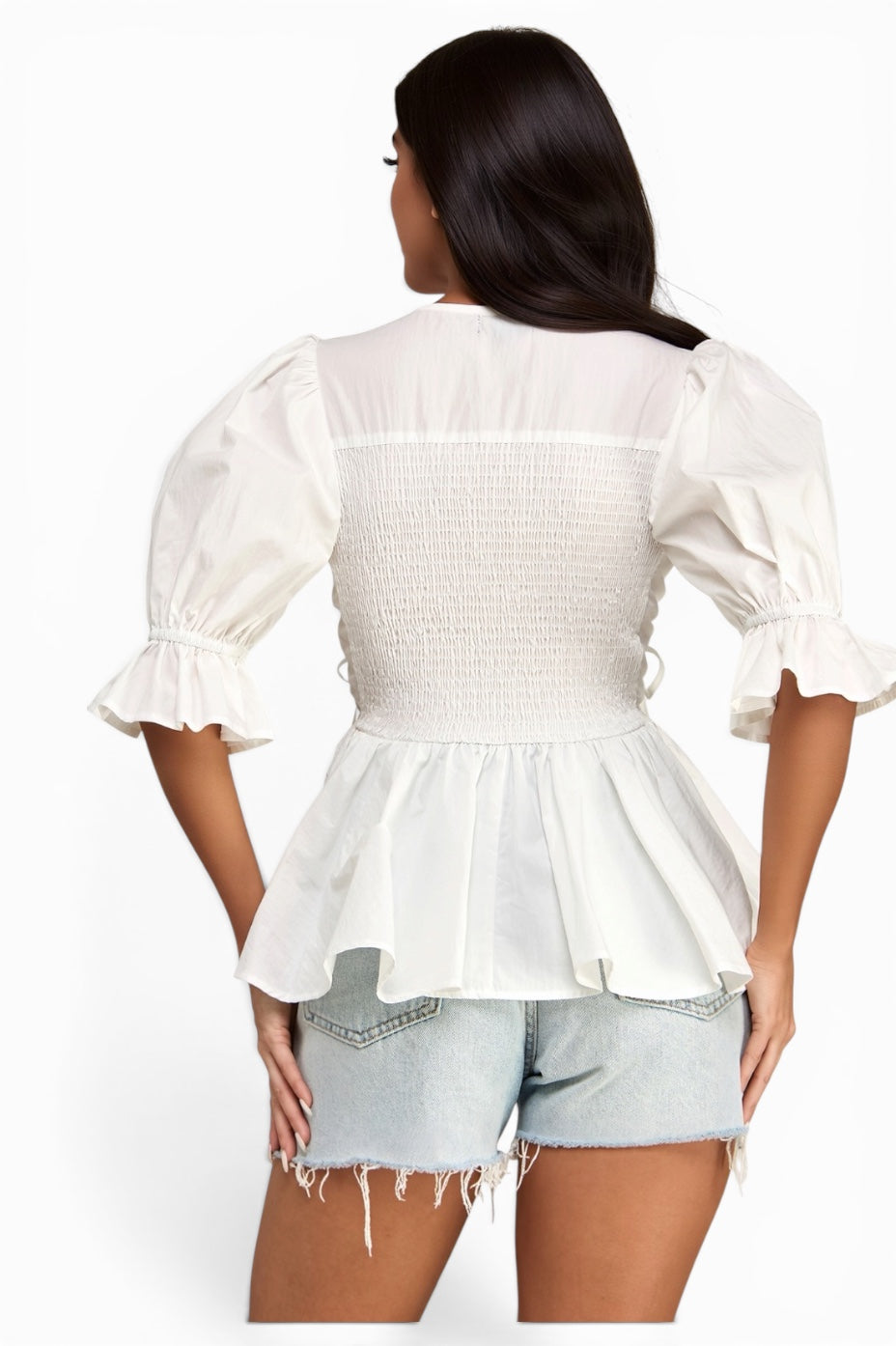 Ruched Peplum Puff Sleeve Button Front Blouse