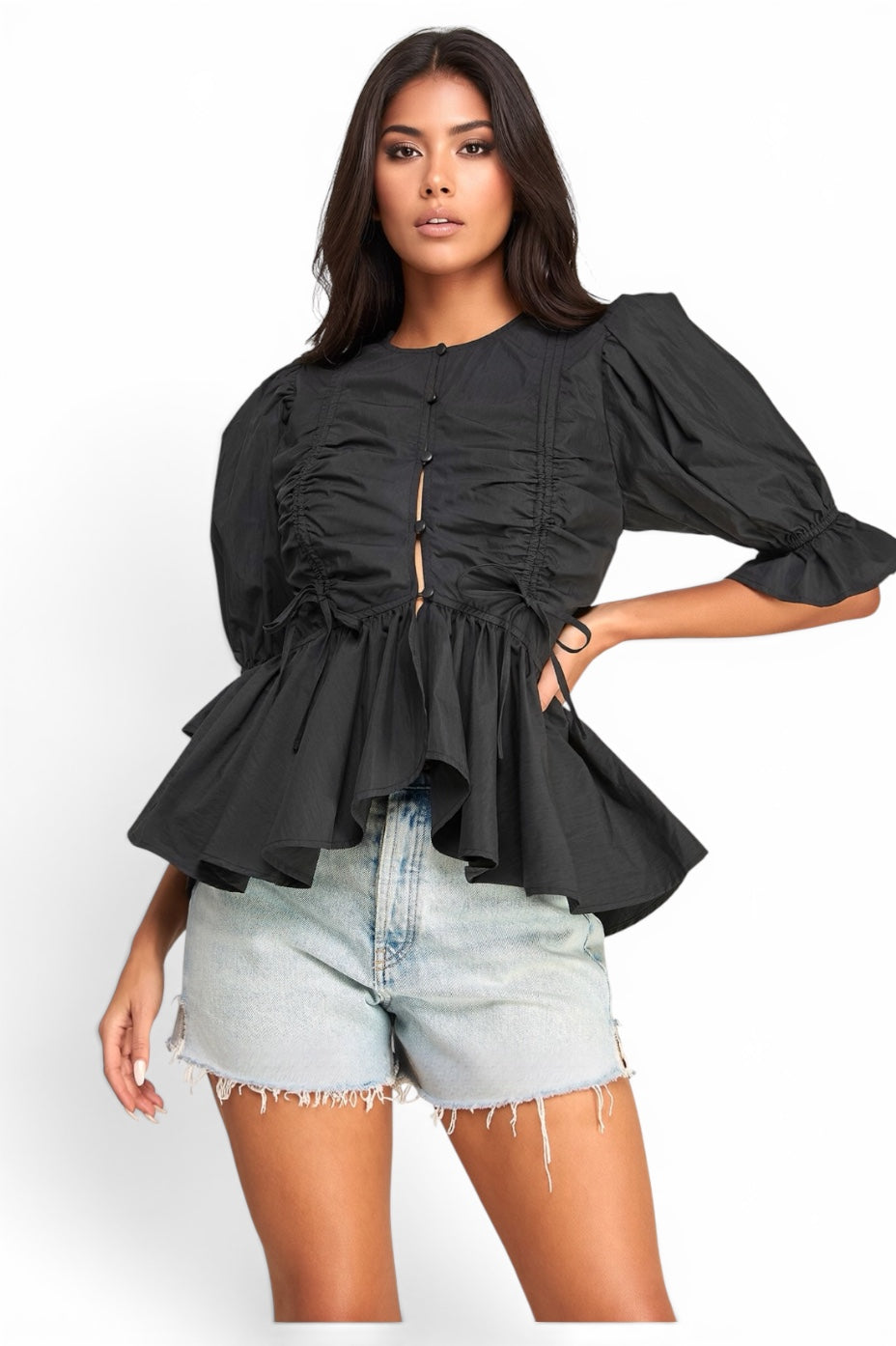 Ruched Peplum Puff Sleeve Button Front Blouse