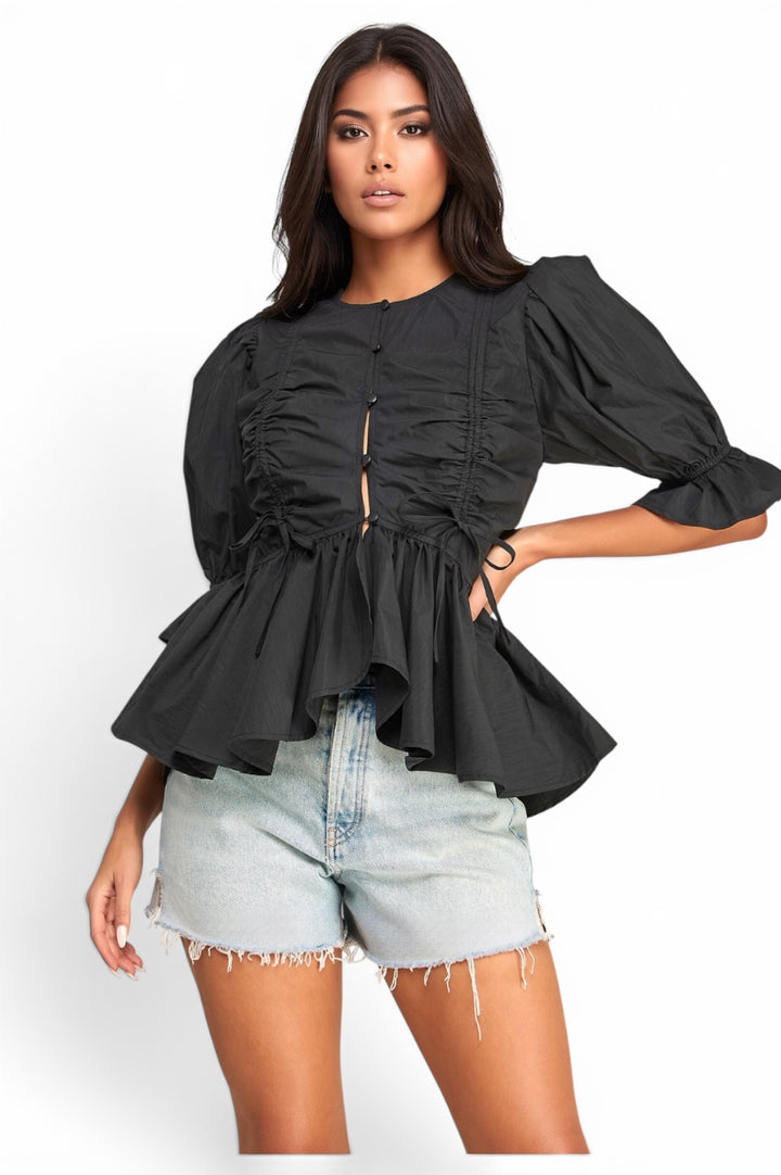 Ruched Peplum Puff Sleeve Button Front Blouse
