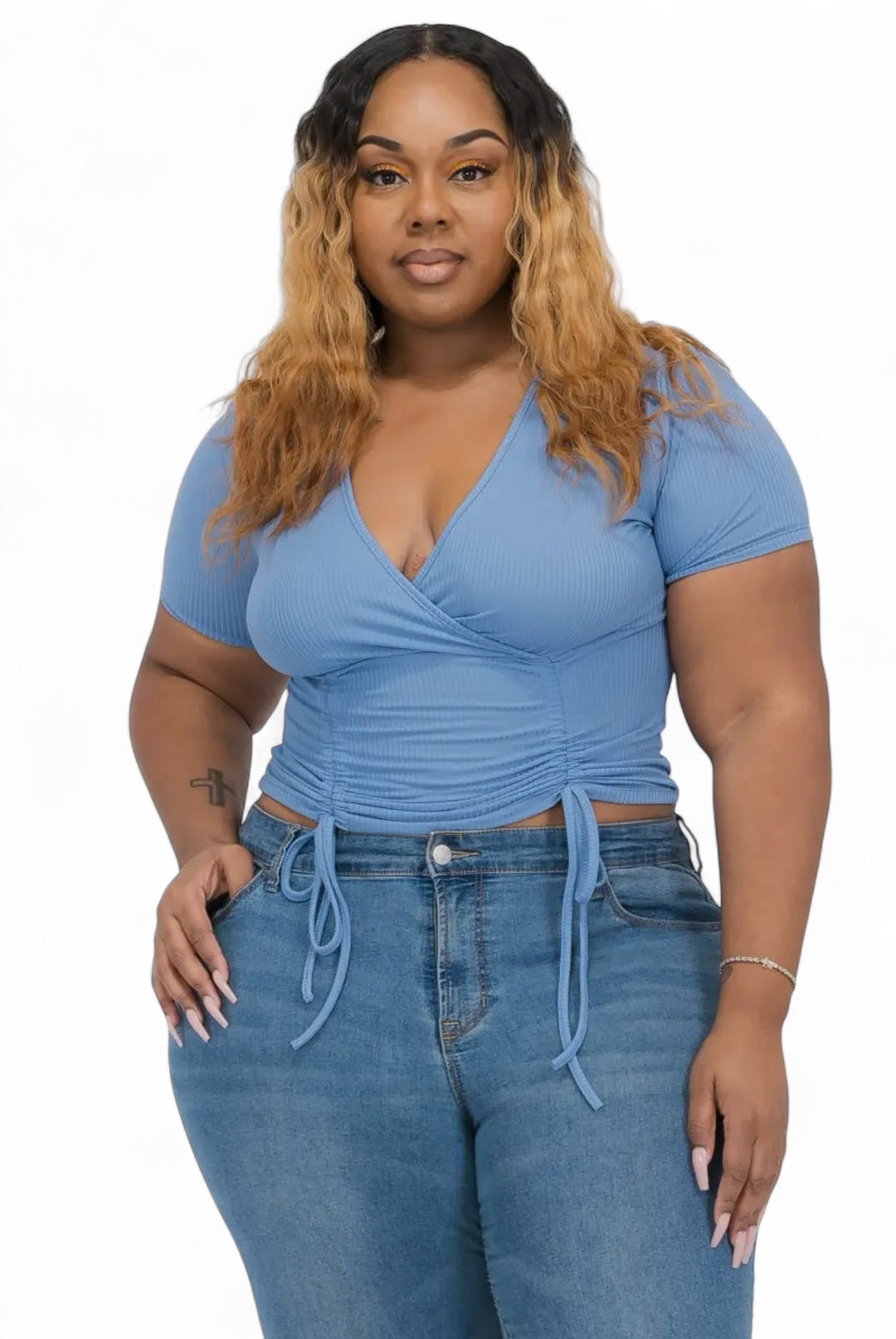Curvy Ribbed Ruched Drawstring Surplice Top