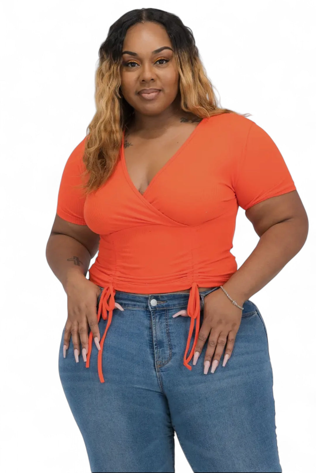 Curvy Ribbed Ruched Drawstring Surplice Top