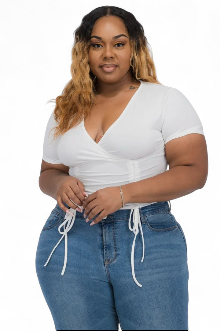 Curvy Ribbed Ruched Drawstring Surplice Top